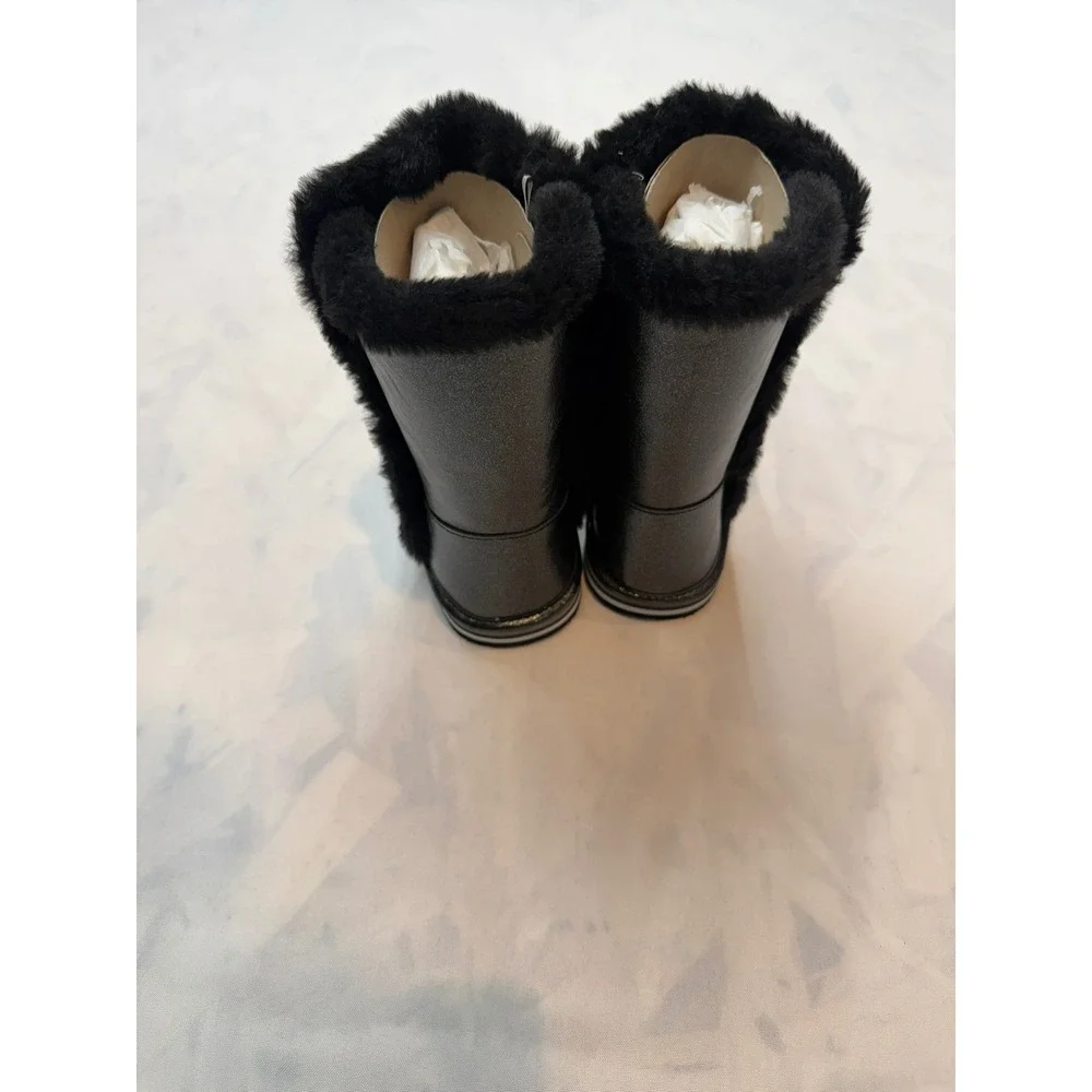 FALLS CREEK New $35 Girls 11 Black Metallic Faux Fur Mid Calf Winter Boots Bin3